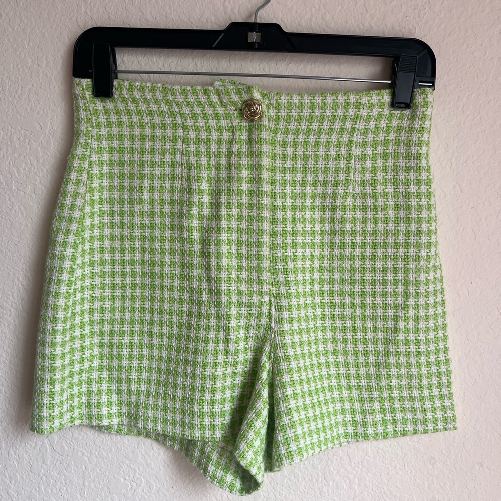 Zara Lime Houndstooth High Waist Shorts